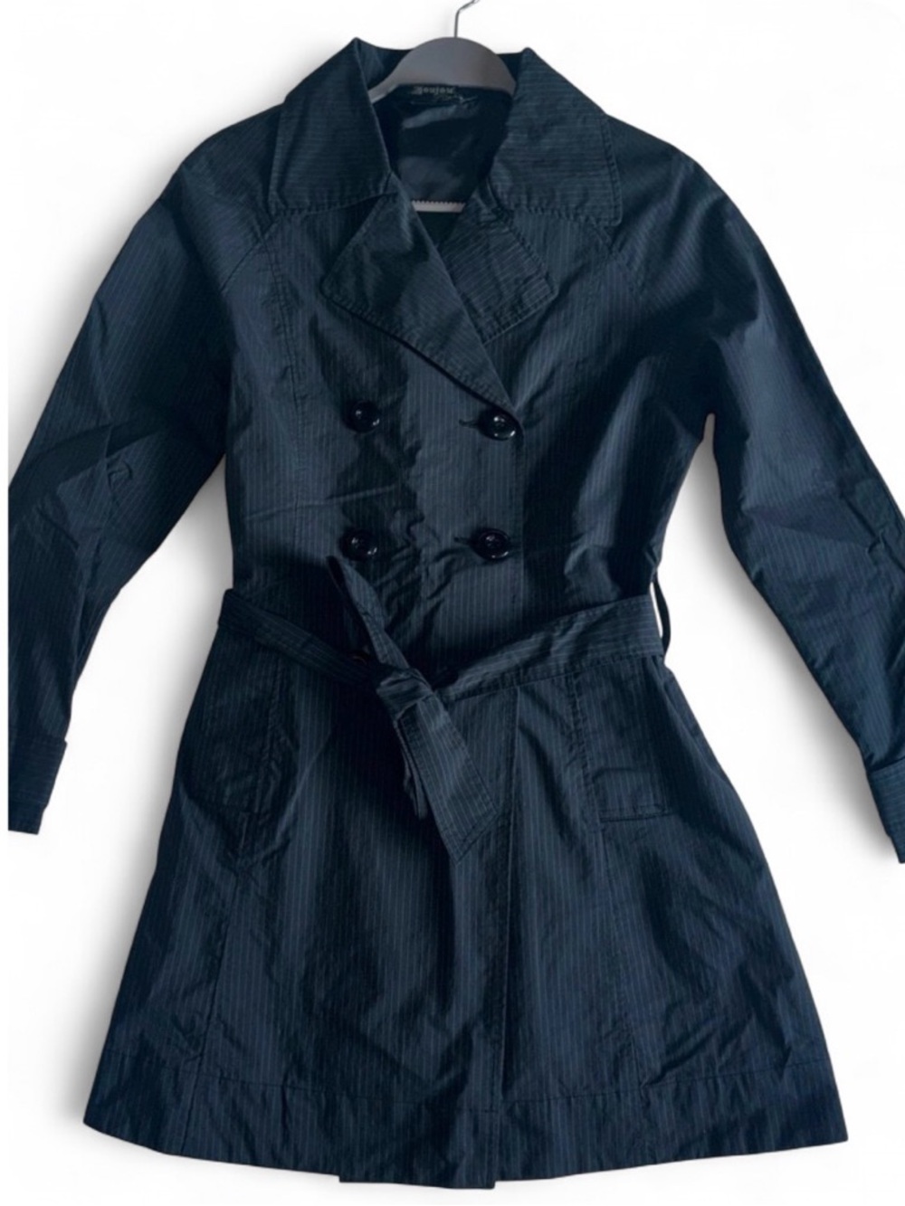 Joujou Women's Double Breasted Belted Trench Coat Black Pinstriped Jacket Sz Med